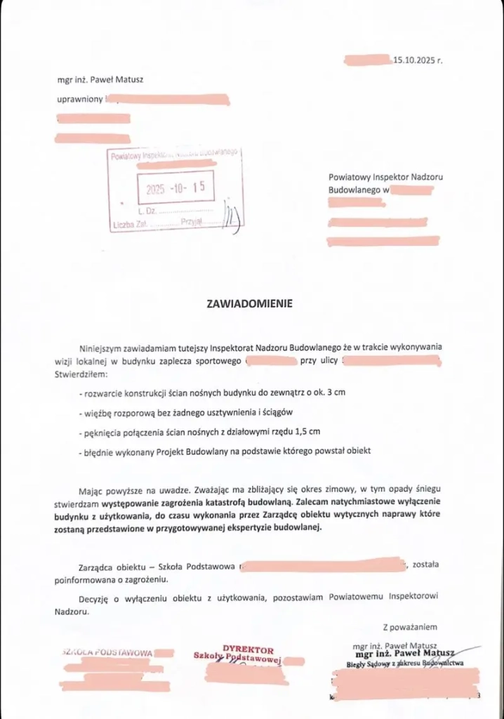 ekspertyza budowlana MPExpertbud dla obiektu użyteczności publicznej wynik wizji lokalnej